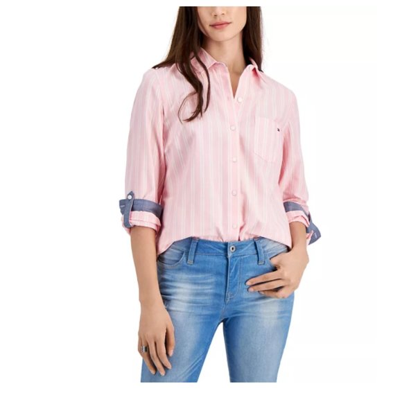 Tommy Hilfiger Tops - *SOLD* NWT Tommy Hilfiger Womens Pink and White Striped Button Down